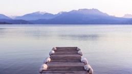 Banner image of a dock overlooking mountains